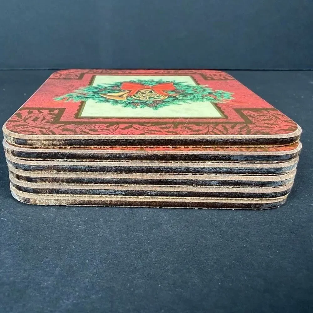 Set of 6 Pimpernel Holly Celebration Cork/Acrylic 4.25 in Coasters, England